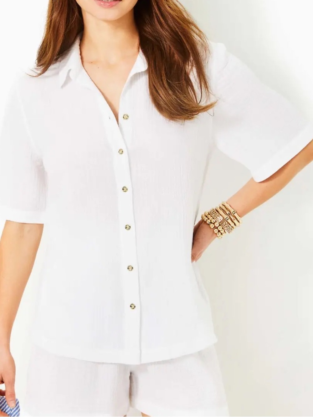 Lilly Pulitzer 100% Cotton Gauze White Frankie Cover Up Button Shirt Medium